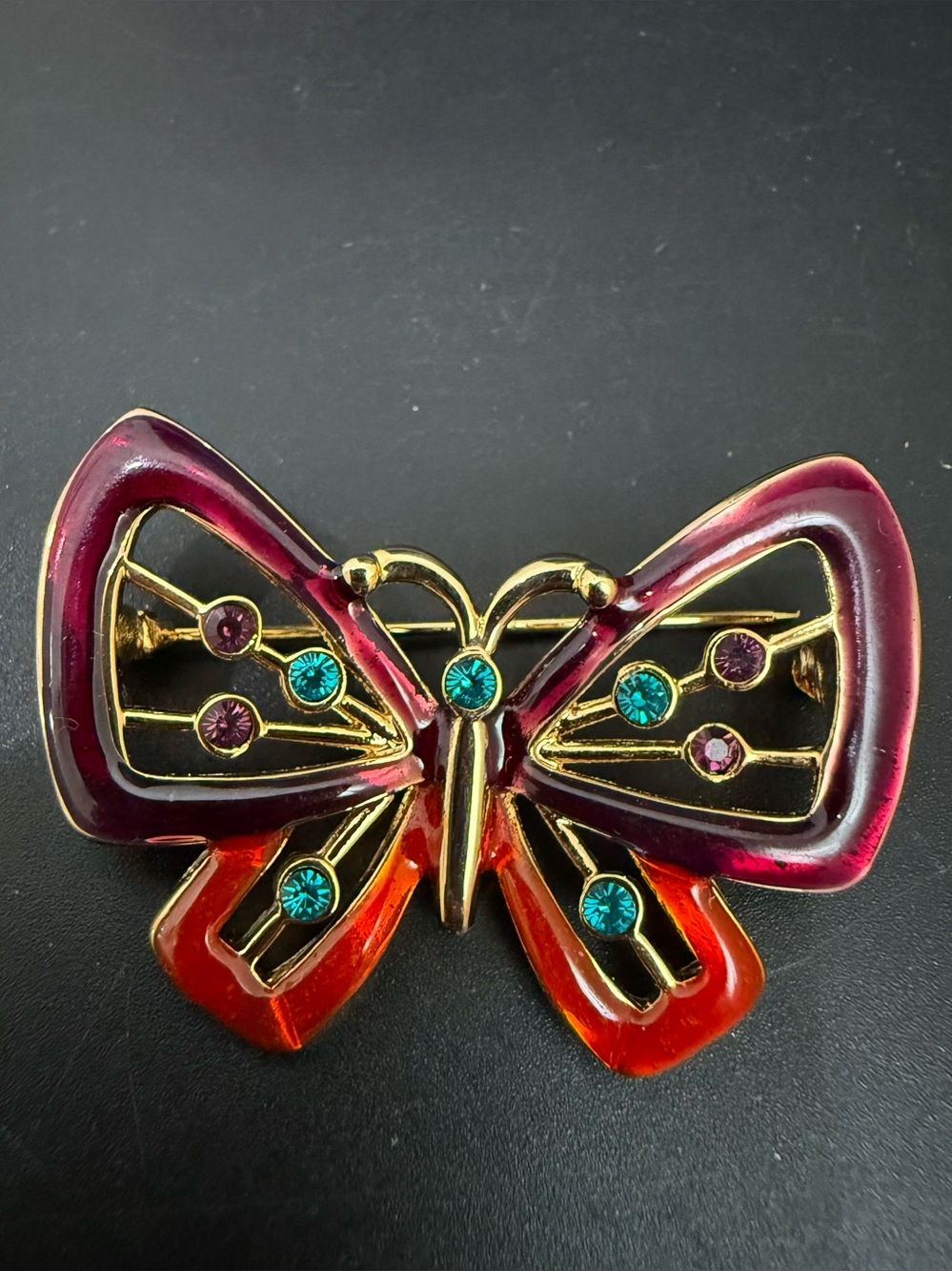 Vintage Gold-tone Red/Plum Butterfly Brooch